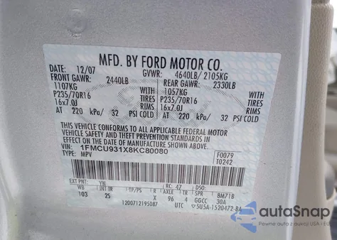 2008 Ford Escape Xlt z USA, uszkodzony, nr VIN 1FMCU931X8KC80080